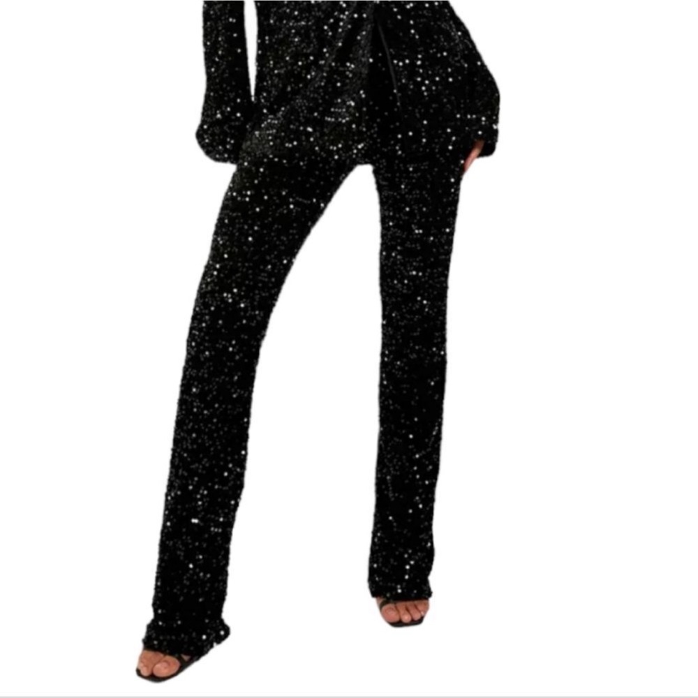 NEW Boohoo Tall black all over sequin velvet bling high waist flare pants 4